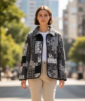 Draper's & Damon's Black White Patchwork Jacket Womens Medium Button Uputton Up